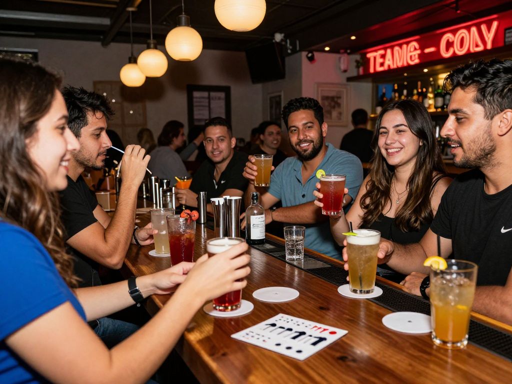 Patrons at a bar in Tempe using drink covers and test kits promoting nightlife safety.