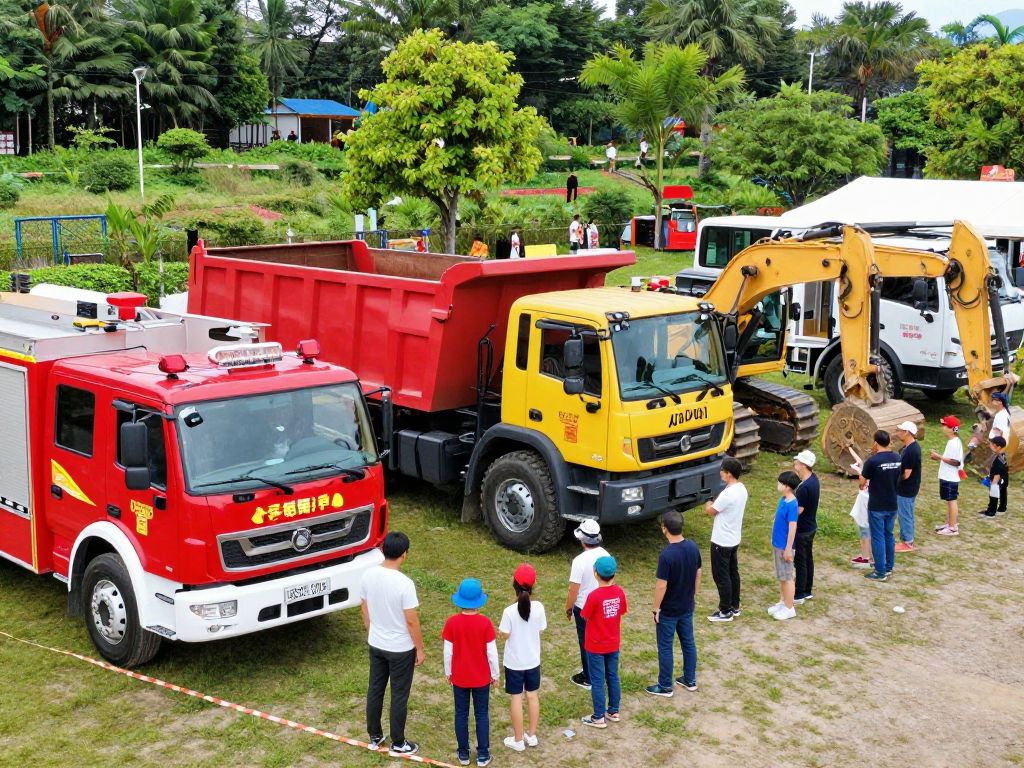 Families engaging with trucks and vehicles at the Touch-A-Truck event