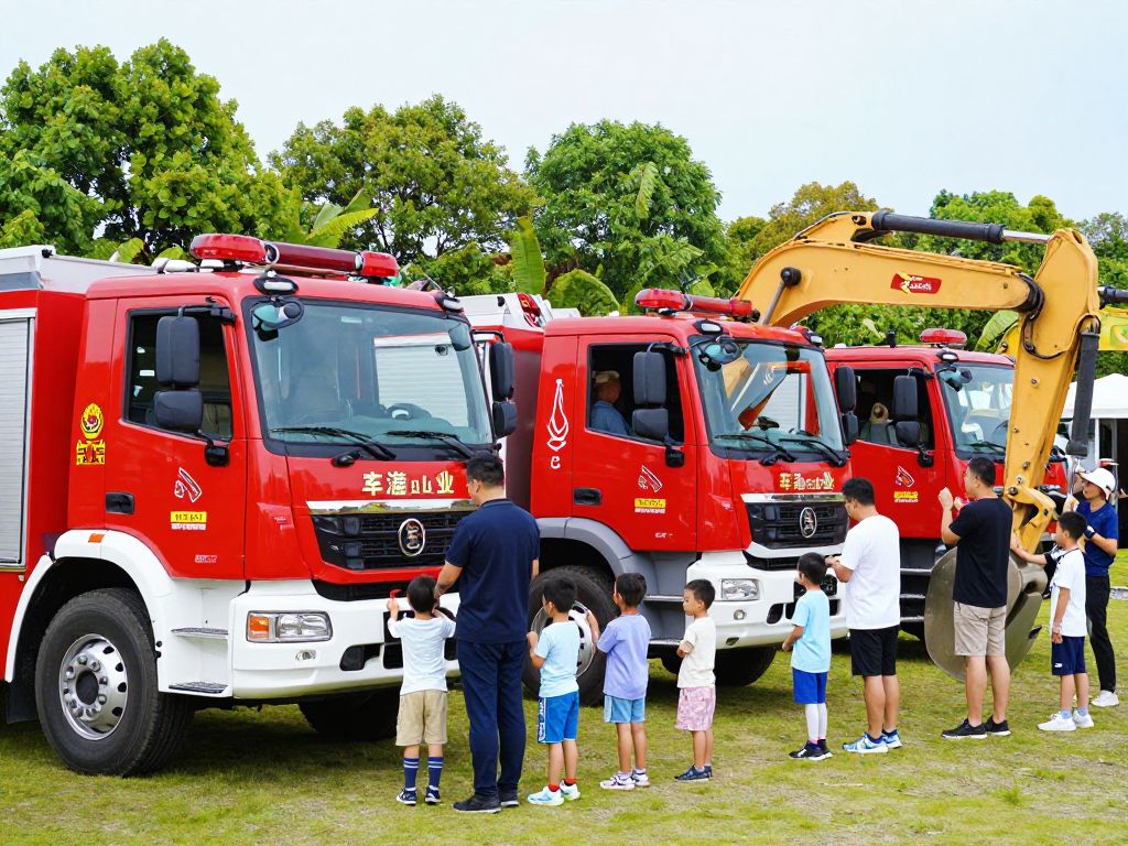 Families engaging with large vehicles at the Touch-A-Truck event