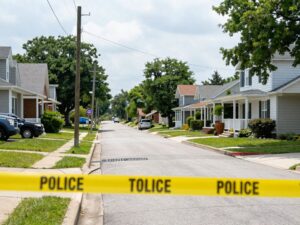 Quiet Tuba City neighborhood with police tape