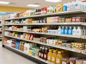 Shelves inside the University of Arizona Campus Pantry filled with food and hygiene products.