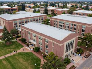 Aerial view of the University of Arizona with students studying.