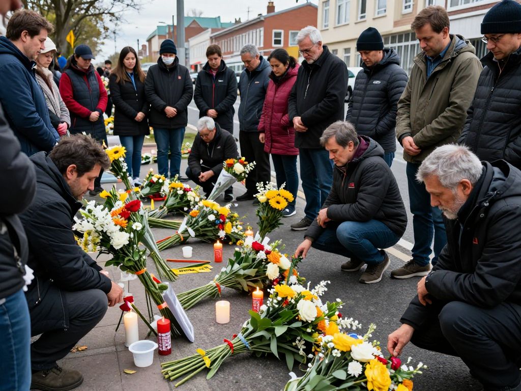 Roadside memorial for University of Arizona students with flowers and candles