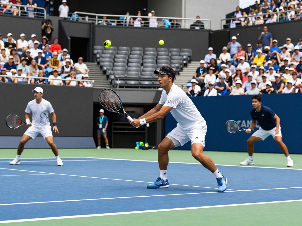 Tennis players competing in a collegiate match at Whiteman Tennis Center