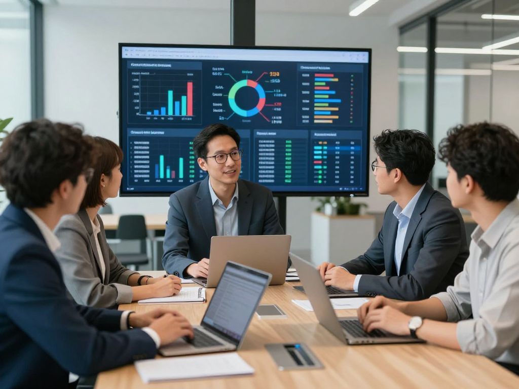 Professionals discussing AI technology in a modern office