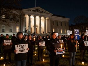 Candlelight vigil outside ICE headquarters with protesters holding signs