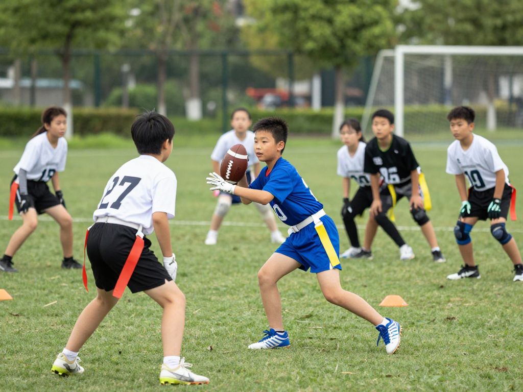 Children engaging in a youth flag football clinic at Western Star Park in Phoenix.