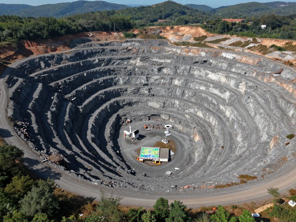 Aerial view of an abandoned mine with technology in action.