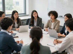 University faculty discussing academic initiatives