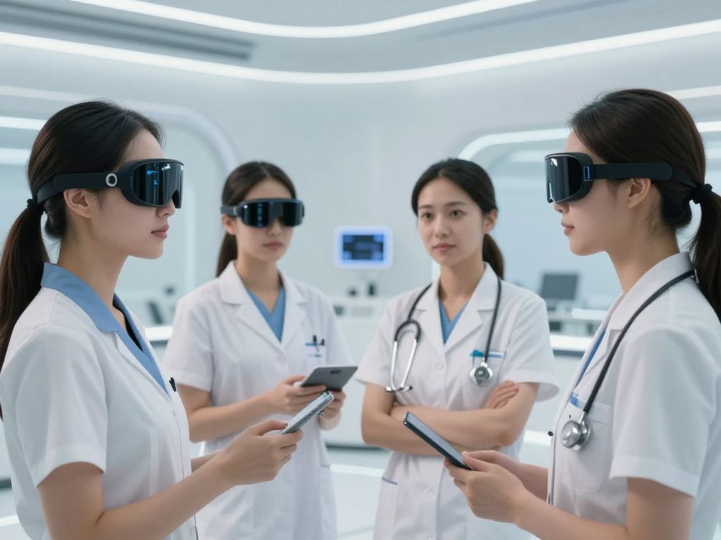 Women engaging with wearable health technology in a modern healthcare environment.