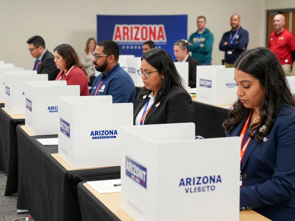 Diverse group of election workers managing a polling station in Arizona