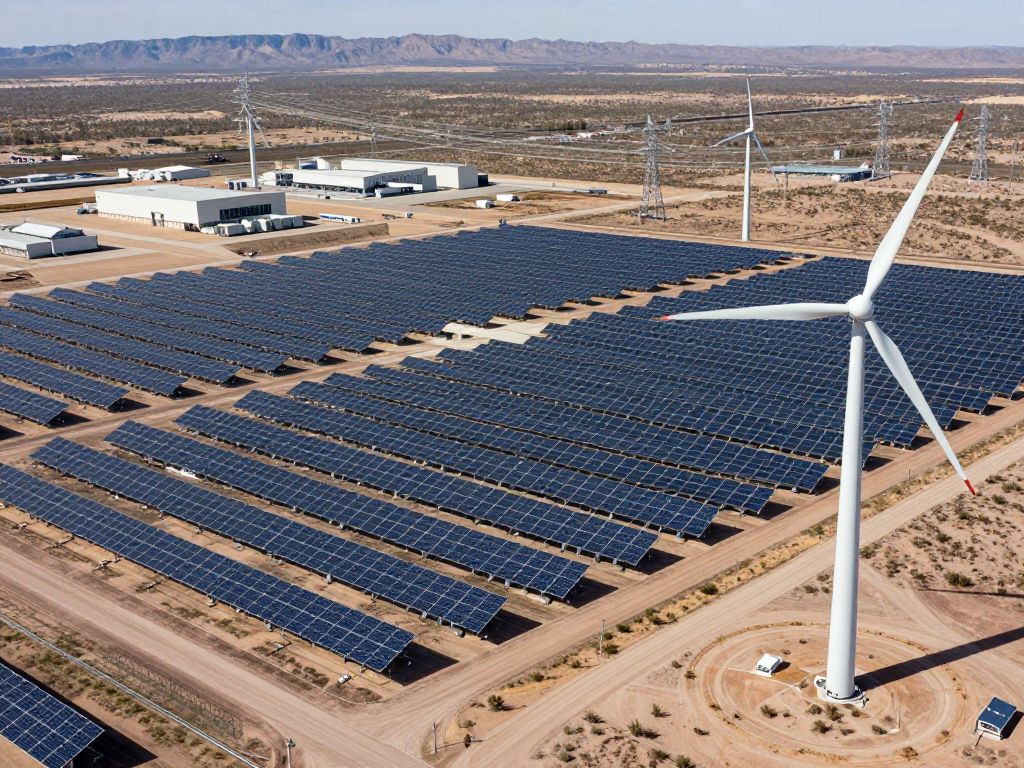 Modern energy infrastructure including solar farms, wind turbines, and power lines in Arizona, with manufacturing facilities in the distance, highlighting economic development.