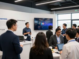 Illustration of entrepreneurial event in Arizona with people discussing and presenting innovative ideas.