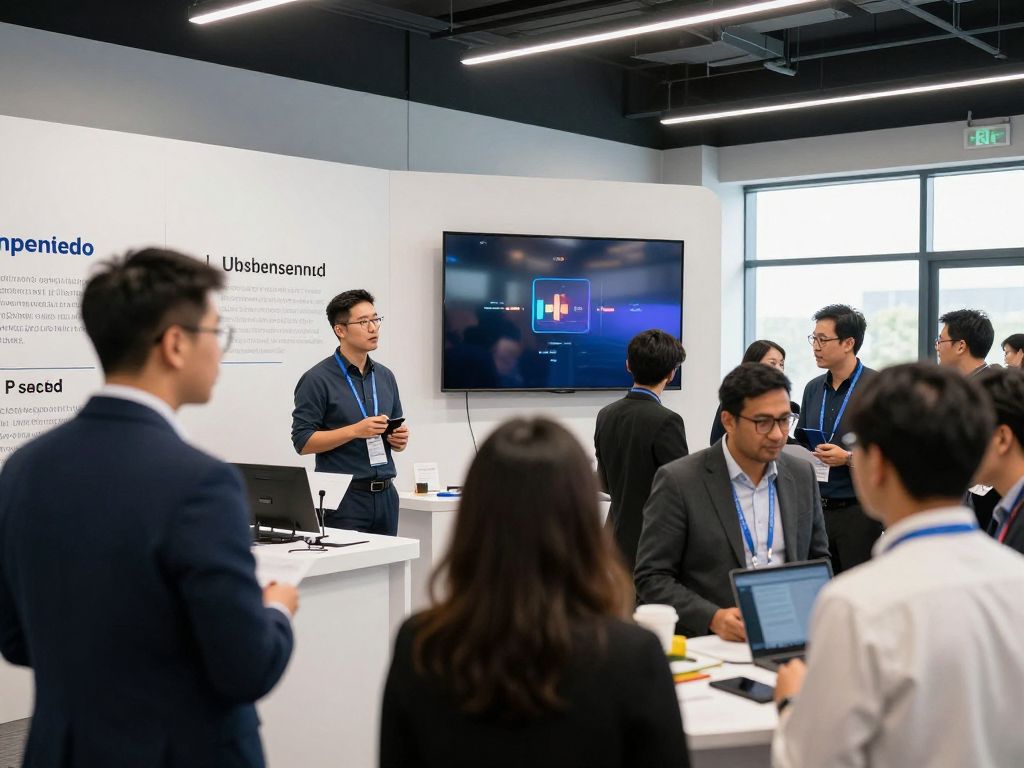 Illustration of entrepreneurial event in Arizona with people discussing and presenting innovative ideas.