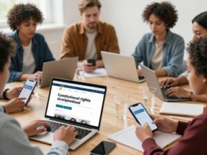 Individual showcasing civic engagement using a laptop for constitutional rights information