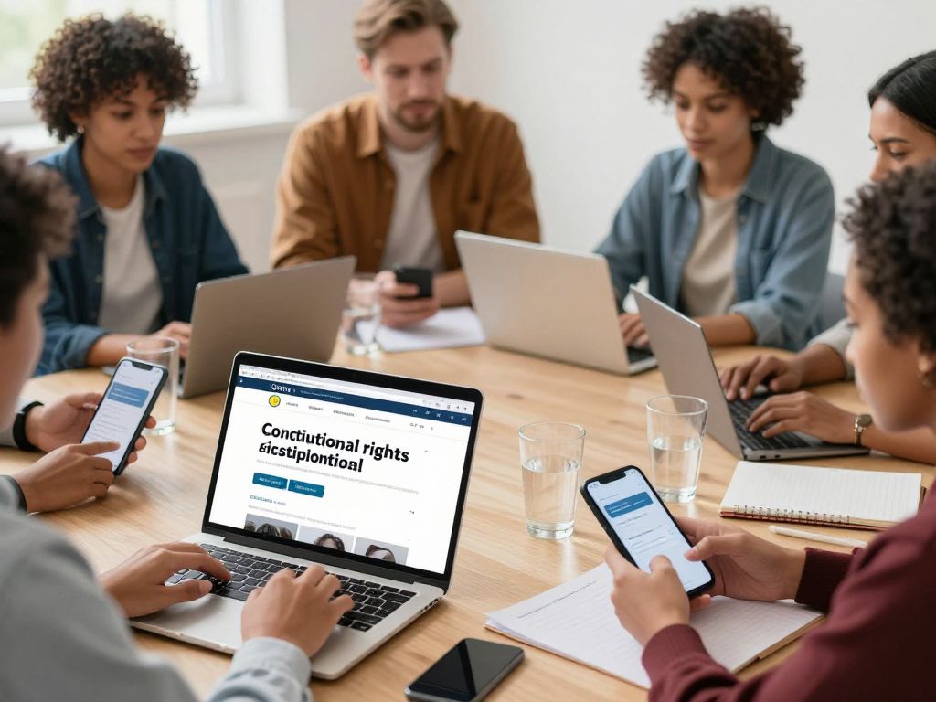 Individual showcasing civic engagement using a laptop for constitutional rights information