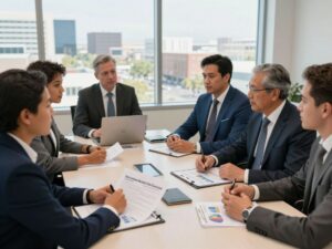 Arizona business leaders in a Phoenix meeting room discussing economic reports related to the USMCA trade agreement, emphasizing cross-border trade with Mexico and Canada.