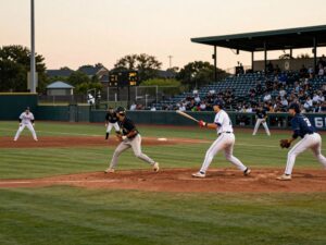 ASU Baseball players in action at the season opener at Phoenix Municipal Stadium