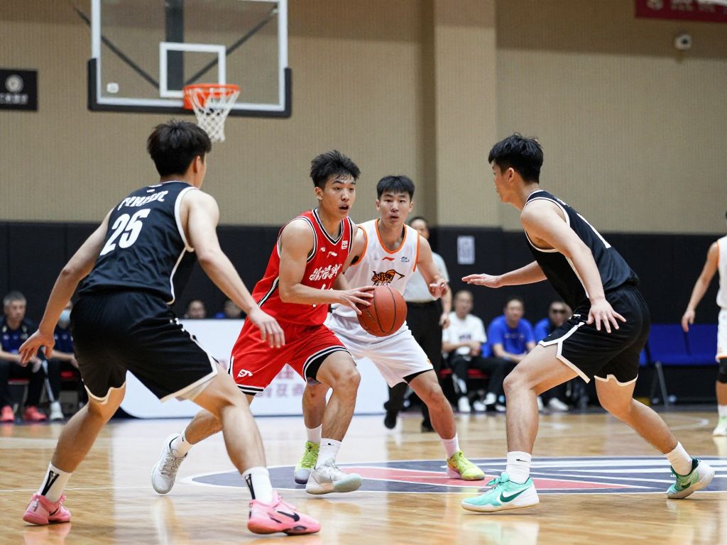 Athletes playing basketball in a collegiate setting.
