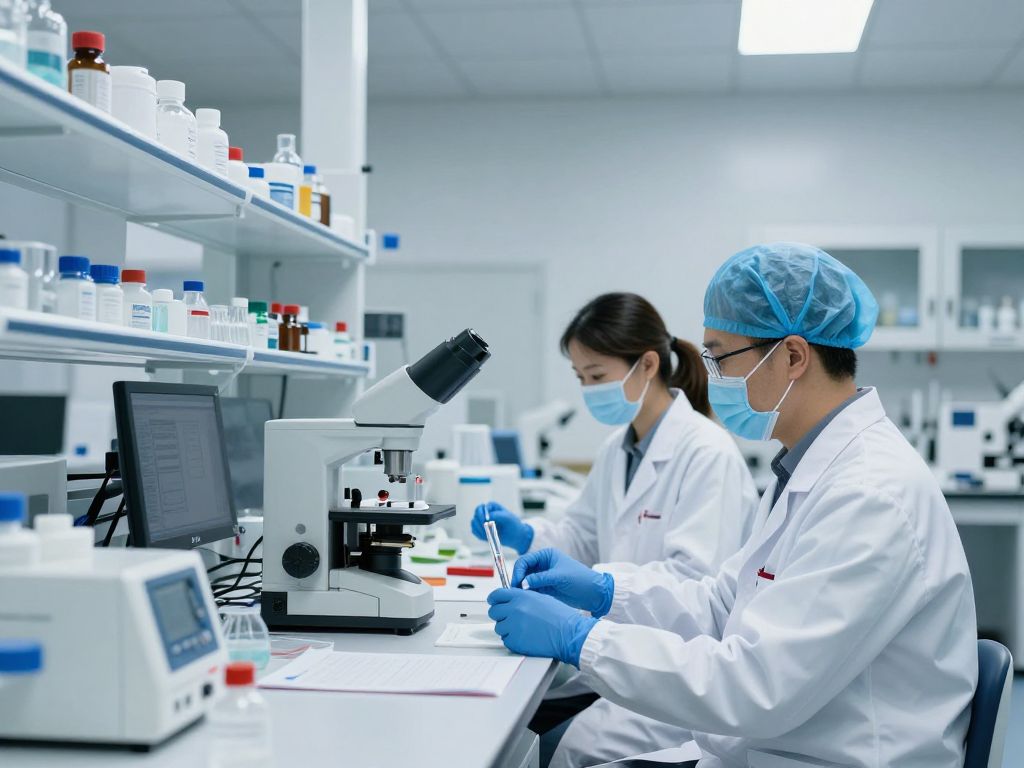 Interior of a biotech lab with researchers engaged in cancer therapy development