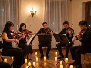 Performers playing string instruments under candlelight at a concert