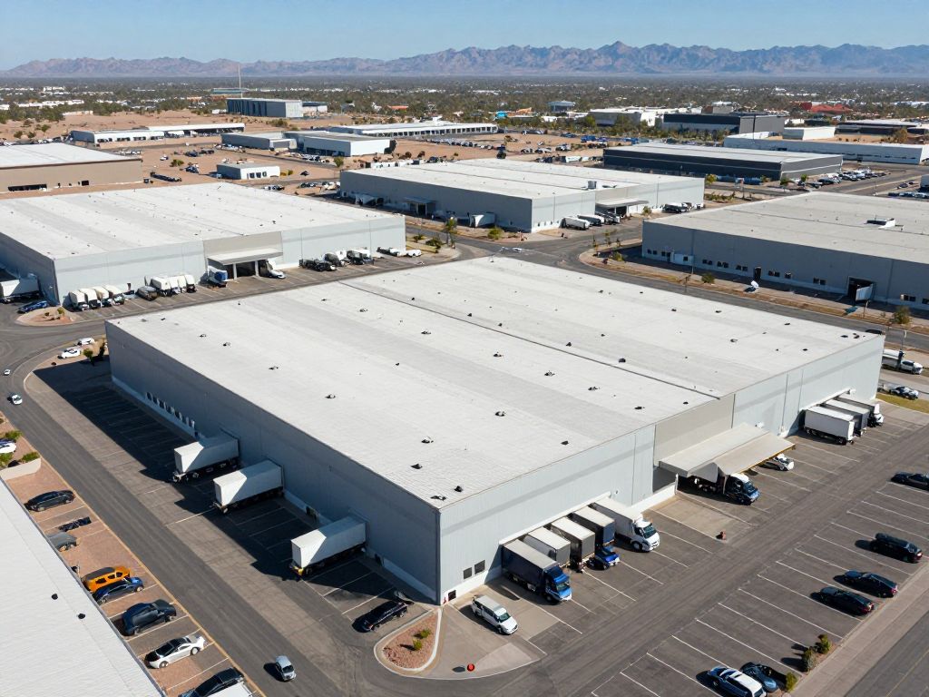 Aerial view of the expansive CapRock West 202 Logistics development in Southwest Phoenix, Arizona, featuring multiple modern warehouse buildings and extensive truck access areas.