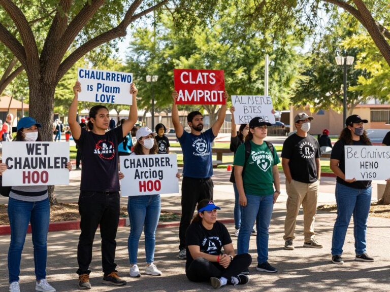 Protesters holding signs in Chandler, Arizona, advocating for civic engagement.