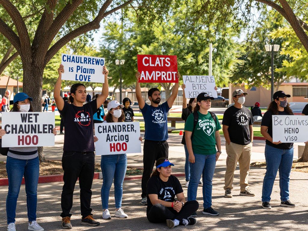 Protesters holding signs in Chandler, Arizona, advocating for civic engagement.