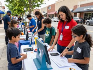 Families engaging with science and technology exhibits at the Chandler Innovation Fair.
