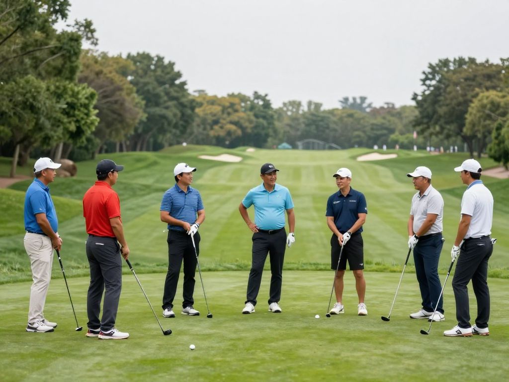 A diverse group of golfers sharing a moment on the golf course, representing community engagement and diversity in golf.