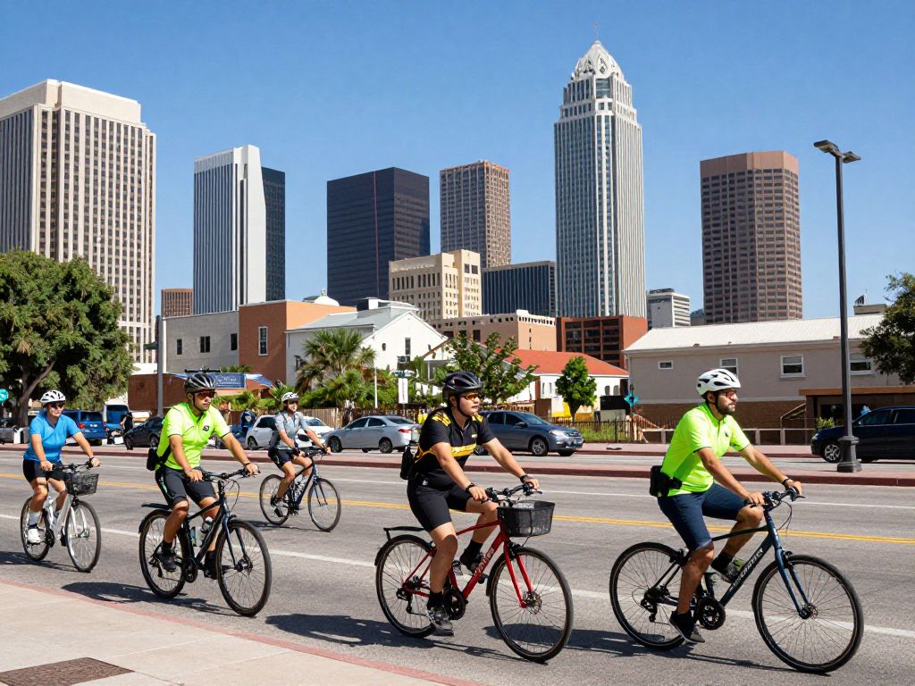 A scenic view of Phoenix with cycling elements and safety message symbols.