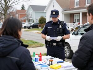 Police officer investigating in a neighborhood for crime resolution