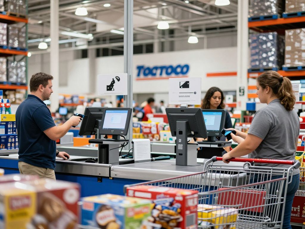 Costco checkout lane in Phoenix AZ with employees using digital scanners as part of the 2026 operational modernization.