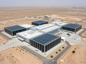 Aerial view of a modern data center surrounded by desert