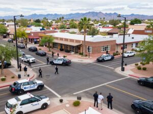 Law enforcement vehicles and officers are present at an intersection in Phoenix, AZ, near a Family Dollar store, indicating an active DEA investigation.