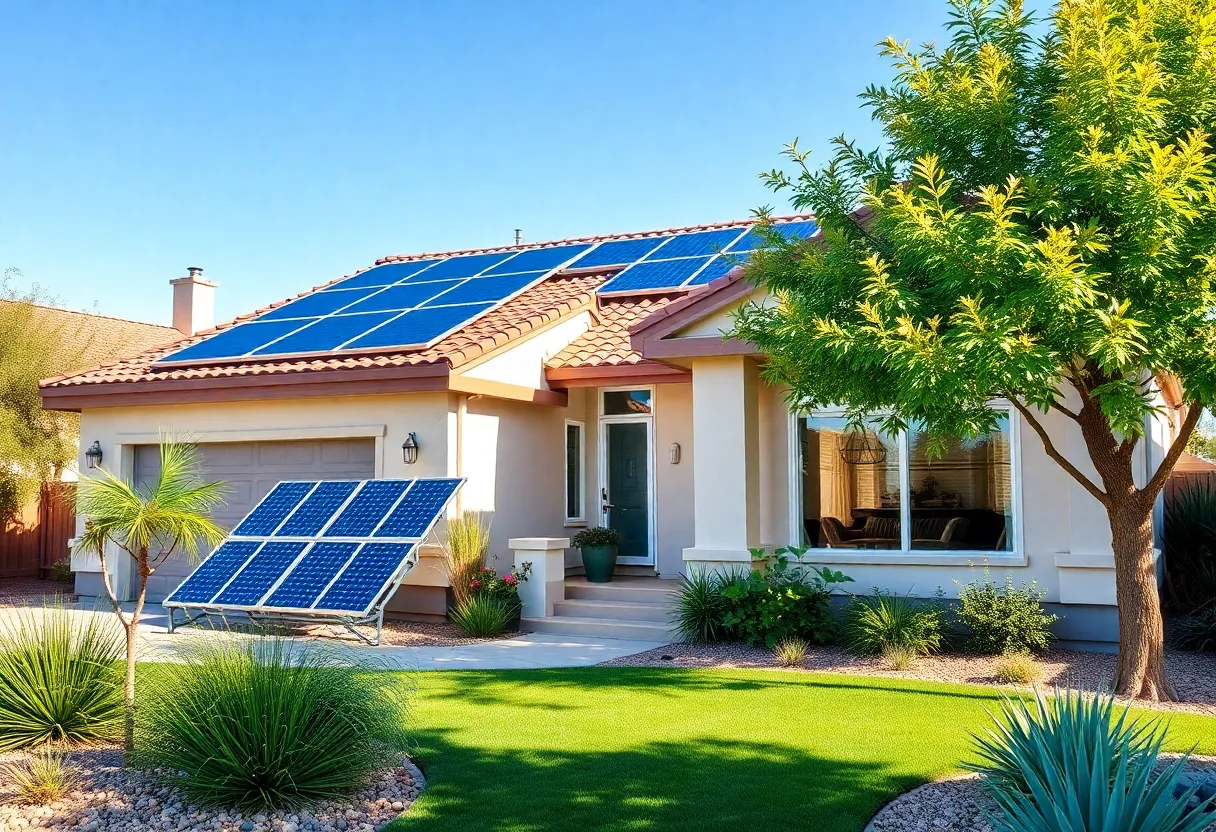 A beautiful energy-efficient house in Phoenix with solar panels and drought-resistant landscaping
