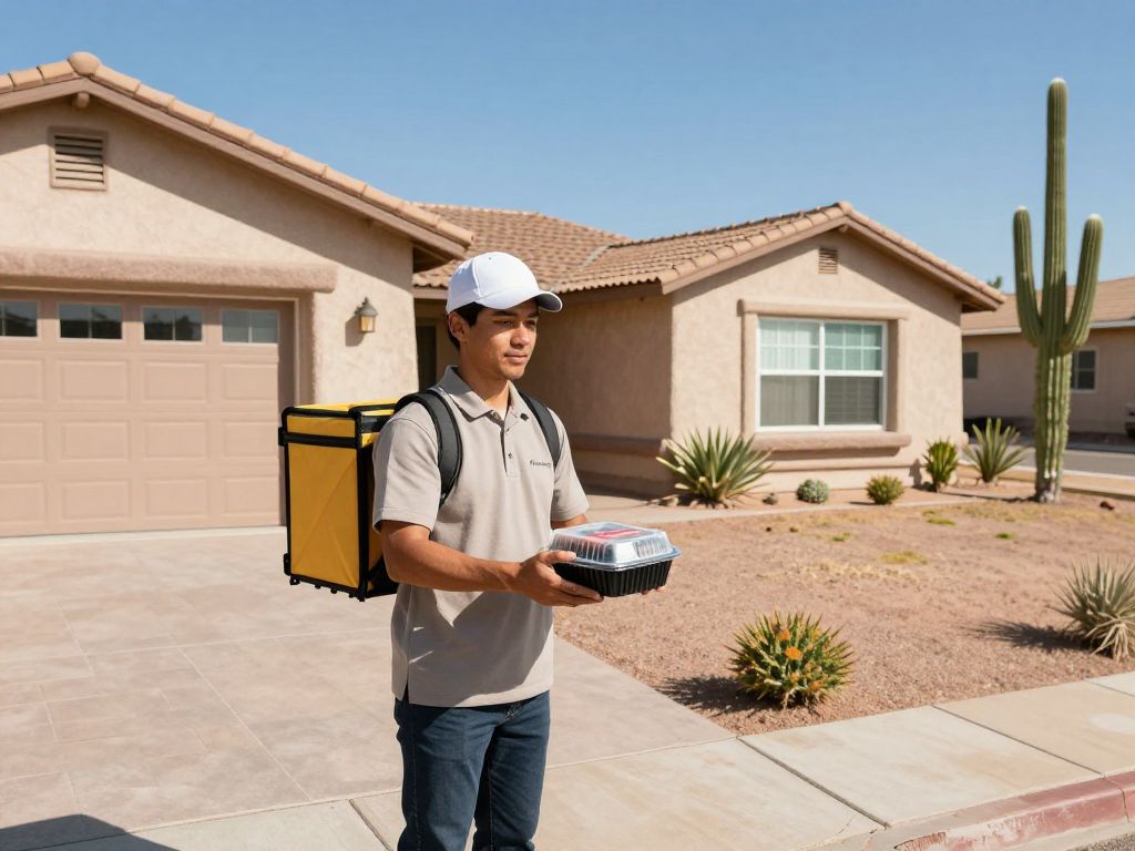 Delivery person leaving a meal on the doorstep of a home in Phoenix, Arizona, as part of the Senior Nutrition program.