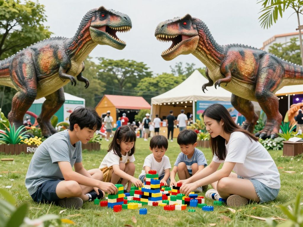 Families engaging in activities at Jurassic Quest and Brick Fest Live in Phoenix, showcasing dinosaurs and LEGO play.