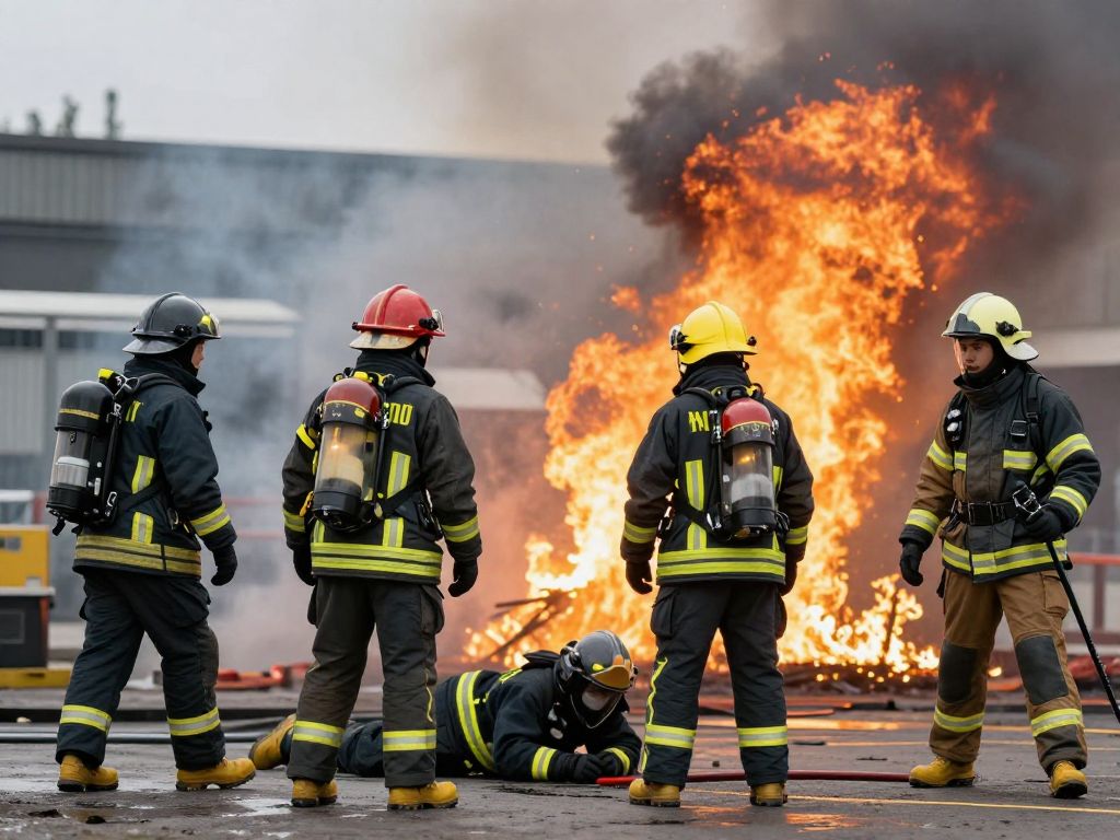 Group of firefighters in protective gear at a fire scene