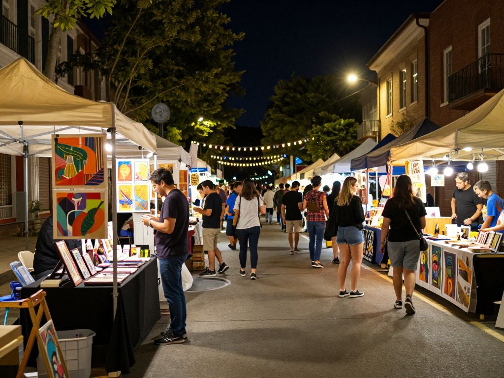 Crowd enjoying the First Friday Artwalk in downtown Phoenix with art displays and food stalls.