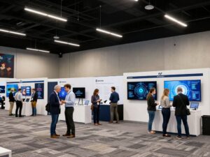 Attendees at the FLEX 2026 Technology Summit in Phoenix, Arizona, engaging with technology exhibits and networking. The event highlights flexible hybrid electronics and AI innovations.
