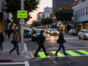 A busy street in Glendale showing pedestrians using crosswalks safely.