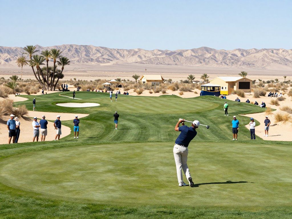 A vibrant scene of golfers playing at a PGA Tour event in Phoenix.