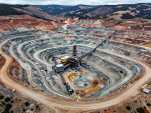 Aerial view of the large-scale Grasberg minerals district mining operation in Indonesia, showcasing extensive excavation and industrial infrastructure.
