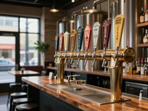 Exterior view of Greenwood Brewing's new location in Chandler with people enjoying craft beer.