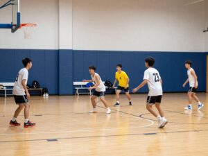 Students practicing basketball on a court