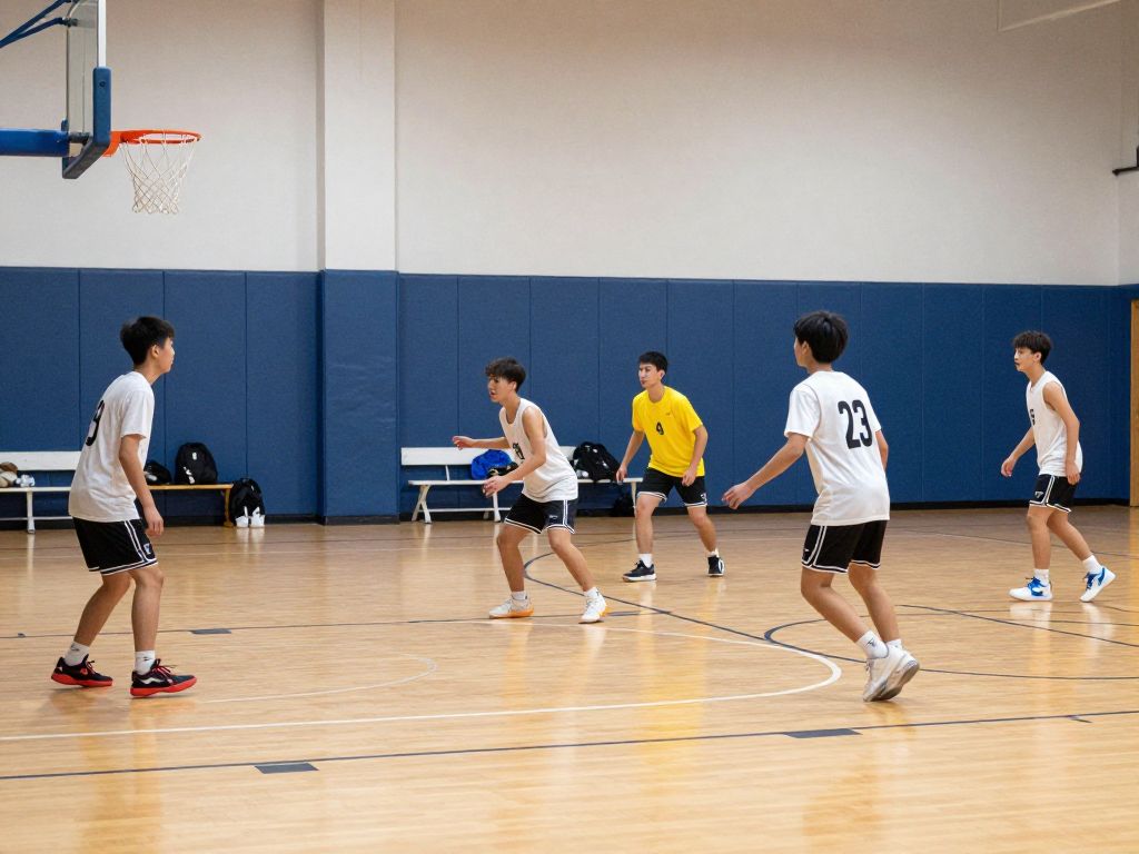 Students practicing basketball on a court