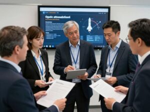 Diverse investors discussing aerospace investment opportunities