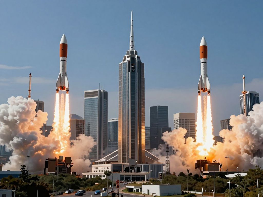 Futuristic city skyline with rockets, representing space investment