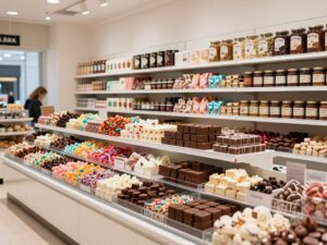 Interior view of a Kilwins store in Phoenix, Arizona, featuring display cases filled with chocolates, fudge, and ice cream.